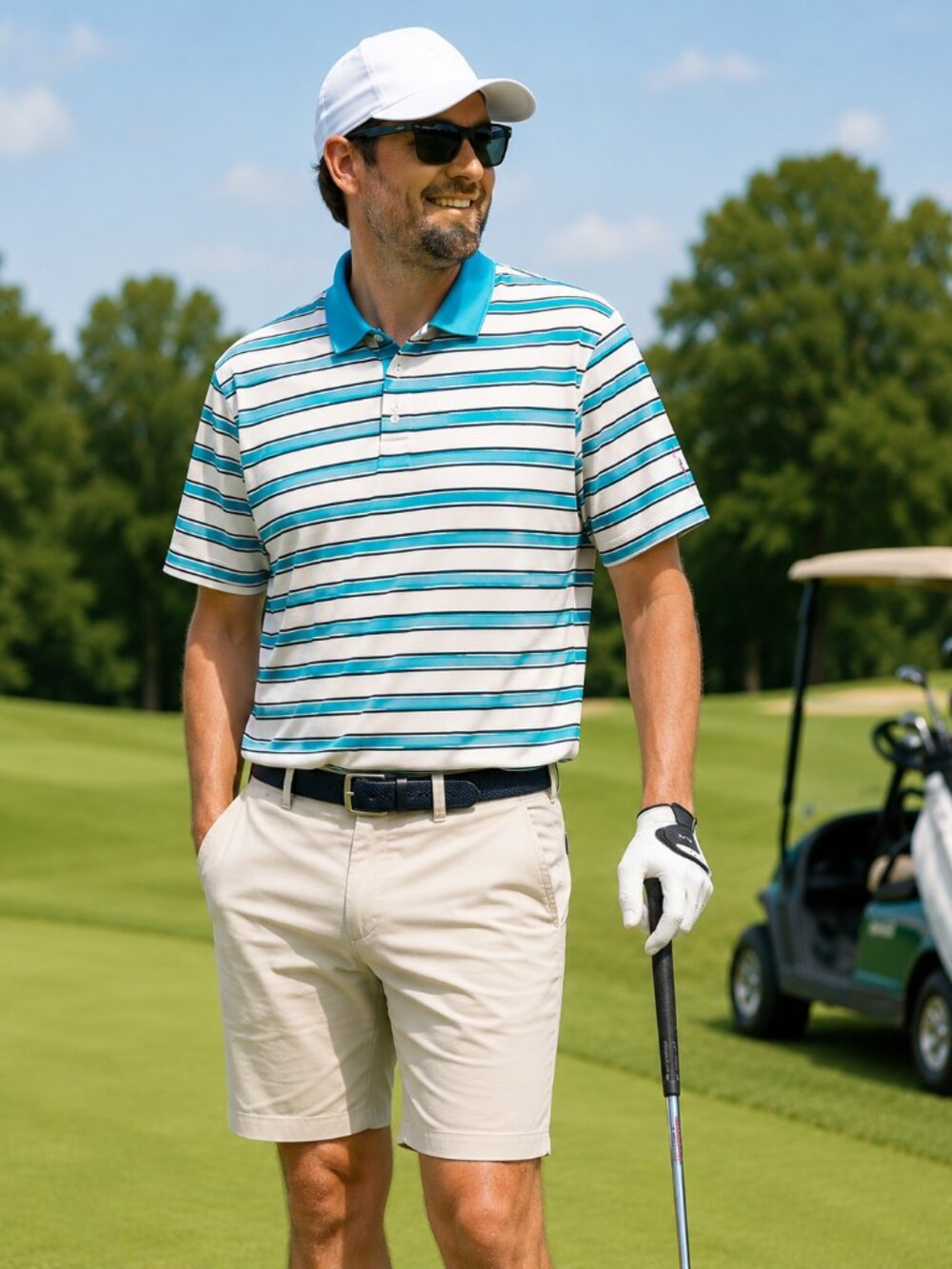 RLX Ralph Lauren XL Striped Performance Golf Polo Shirt Blue White Short Sleeve
